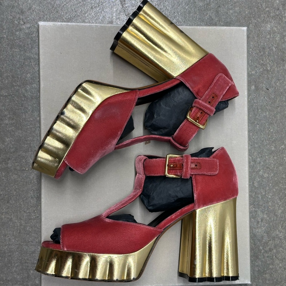 Marni Velvet Pink and Gold Platform Heels